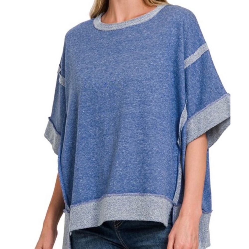 NEW! Zenana Contrast Trim Top-Stitching Drop Shoulder Light Navy Boutique Top S - Picture 2 of 4